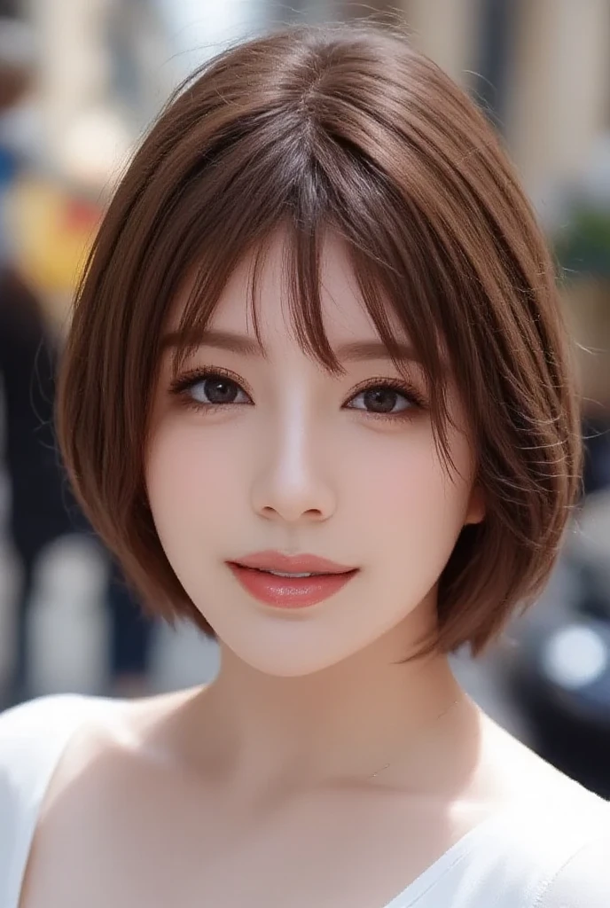 ((masterpiece)), ((Highest quality)), ((Complex)), ((Surreal)), (Realistic), (Mature Woman), ((No classes)), Very detailed, (1 female), Beautiful and exquisite, (Beautiful Teeth), Grin, Brunette Bob Hair, Brown eyes, ((blouse)), (Upper Body), (background:none), Perfect Eyes, Captivating eyes, Looking at the audience