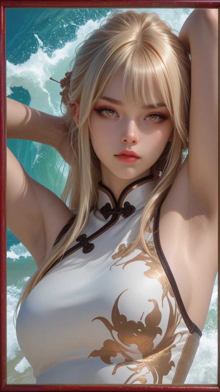 absurdres, RAW photo, extremely delicate and beautiful, masterpiece, Best Quality, ultra high resolution, 32k, hyperrealistic, ultra-detailed, perfect , anatomically correct, perfect figure, super Detailed skin, pale skin, 20 years old, very Slim body, narrow waist, very small head, very small face, delicate  features, detailed face, detailed eyes, tearful mole, earring, thin legs,  legs, (very huge round breasts), short medium hair, ((wavy hair)), wet clothes, (red and black cheongsam), sleeveless, White blonde hair,