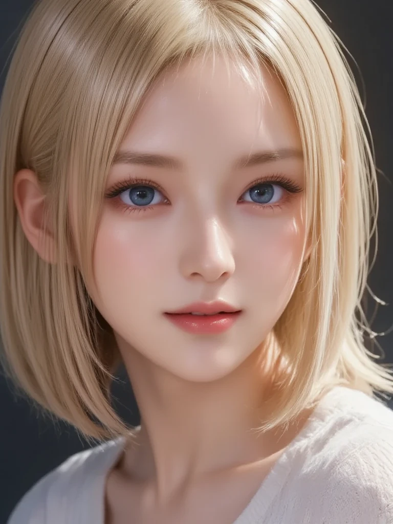 (8K, RAW Photos, of the highest quality, Masterpieces: 1.2), (Realistic, Photorealistic: 1.37), Highest Quality, Ultra High Resolution, light  leaks, Dynamic lighting, Slim and smooth skin, (Full body:1.3), (Soft Saturation: 1.6), (Fair skin: 1.2), (Glossy skin: 1.1), Oiled skin, 22 years old, Night, shiny white blonde, Well-formed, Hair fluttering in the wind, Close-up shot of face only, Physically Based Rendering, From multiple angles, maikurobikini、radiant lips