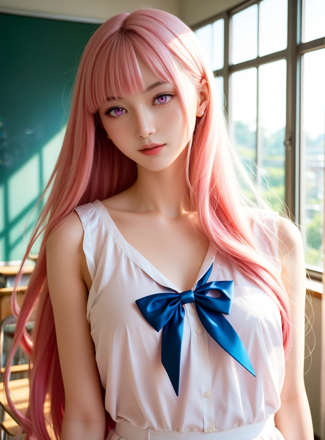 Photorealsitic、Background of Edo Town、hight resolution、独奏、front facing、24-year-old beauty with beautiful face、The eyes are pink and hanging、She has long pink hair in a ponytail tied with a yellow ribbon、Wearing a white short-sleeved shirt under a red dress、With both hands Japan the sword is thrust to the ground、Wearing a long red skirt with a slit、SQUATTING on the ground、itting 、White is visible、Pubic area visible、Looking at the camera、Embarrassed look