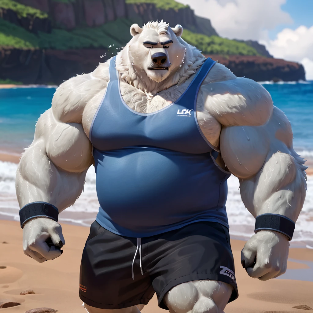 4k, high resolution, best quality, perfect lightning, perfect, solo, anthro, young, boy,white wolf:2.0, furry body, (fluffy mane:1.2), fluffy tail, male, adult, (bulky2:0, thick muscles2:0, huge muscles:2.0, hyper muscles:2.0), (thick biceps, veiny biceps, big broad veiny pecs:2.0, broad shoulders:2.0), (thick legs, thick calves:1.1), (digitigrade legs, 4 toes:1.2), perfect colors, (photorealistic fur, detailed fur, epic, masterpiece), (suggestive posing:1.2), ( smile,  grin 1.3), detailed beach,detailed wolf eyes:2.0, by k0suna, by darkgem， ring，big pecs:2.0，hyper arms:2.0，veins,white body,white fur,hyper :2.0,hyper paws:2.0，standing，thick legs，thick :2.0,blue briefs,sweat body:2.0,massive :2.0,focus on :0.5
