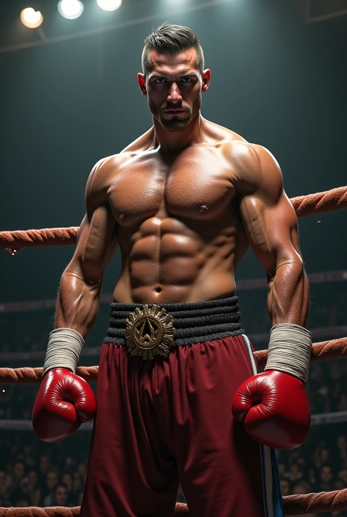 A handsome 1 Chinese man with six-pack abs, wearing boxing shorts, gloves, and a bulging ??????, is on a boxing ring.