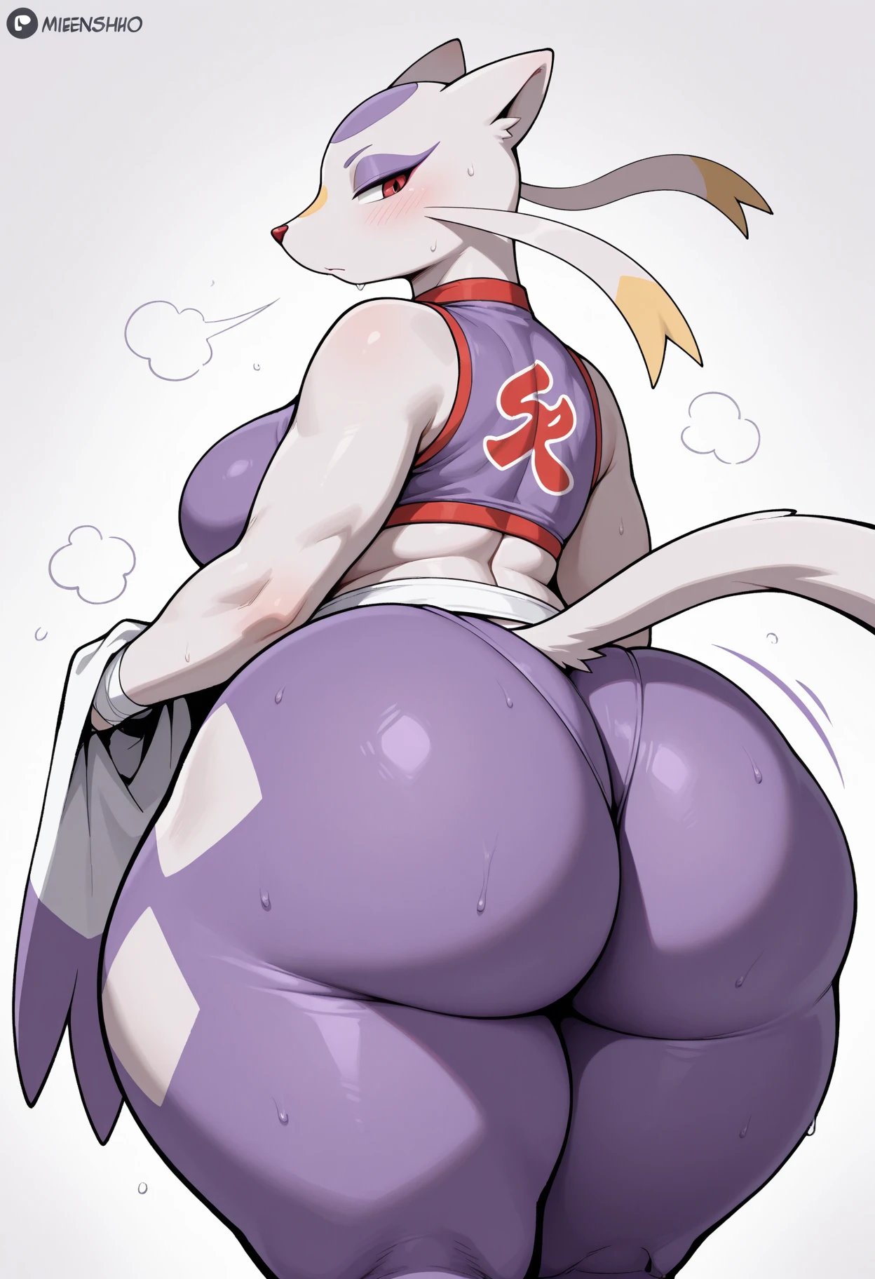 1girl,mature female,solo,happy expression,(big  ??????)s,purple hair, large hair,long bangs, purple ????? ears, pink eyes, soft purple eyes, ((tight leggins)), sitting, (gym), doing yoga, ((yoga ????? to the floor and ??? tilted stretch)),[[lying forward, ????? on the floor, arching the back, raising the ????]], (extended puppy stretch), golden proportion, aurea proportion,Blushed, sweating, rabbit pom pom, (masterpiece, 4k, high definition, detailed art, pro illustrator, 32k, colorful)