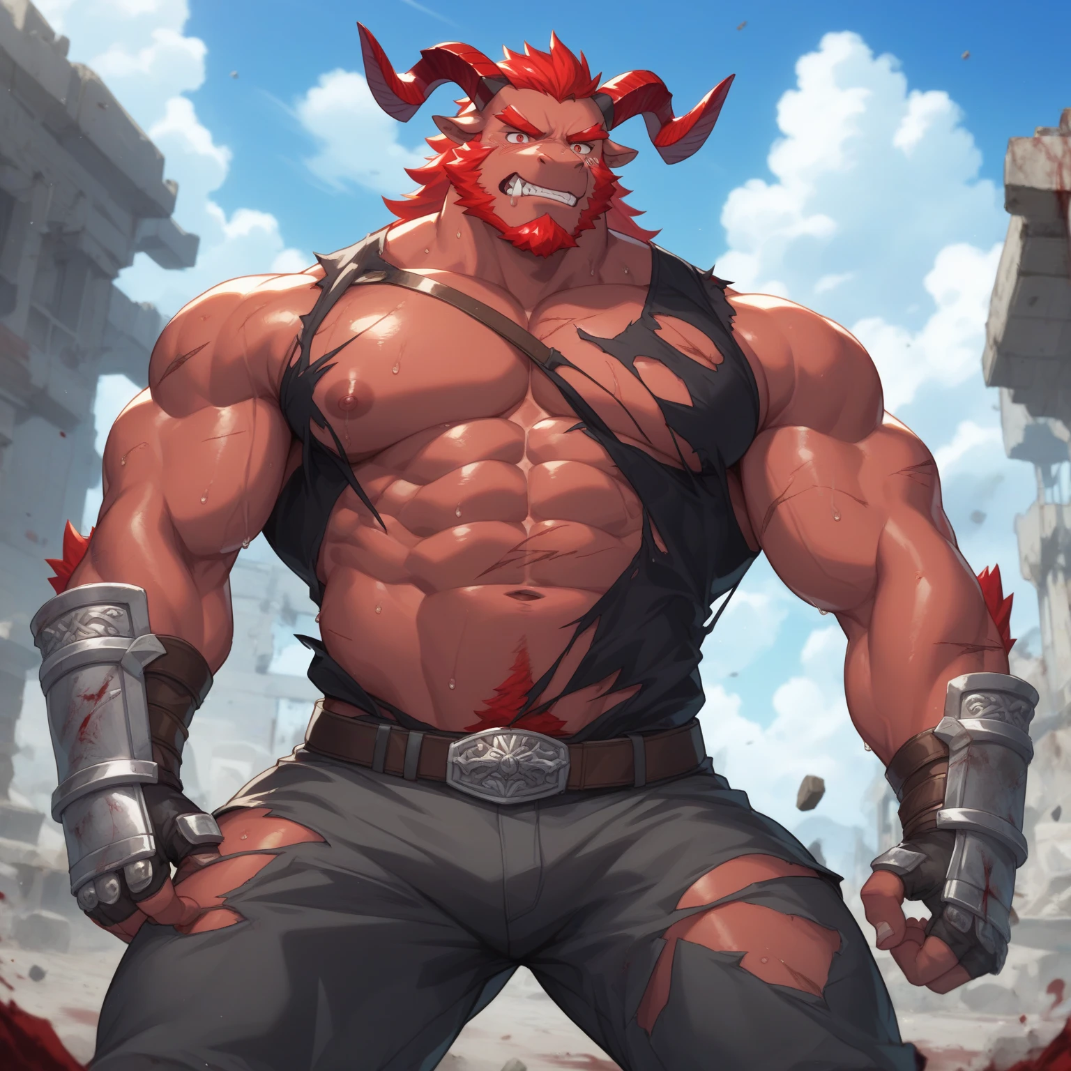 solo, breath (ultra detailed), a beautiful and detailed full size portrait of a male anthro batzz, demon lord dragon batzz, dragon tail, green eyes, glowing eyes, black body, black skin, long hair, red hair, horns, scar, tail, bedroom eyes, detailed eyes, big body, sexy body, (wide body). goddess, kenket, Ross Tran,ruan jia, trending on artstation,foxovh, cenematic lighting, buff, big pecs, muscular anthro, spike arms, strong legs, ((big pecs, , big pecs, blue shorts, bulge))), day, wet, rear view, standing,  wall, big butt, blush, angry, , sexy, vip, ruins, sweating, raining, woods,
