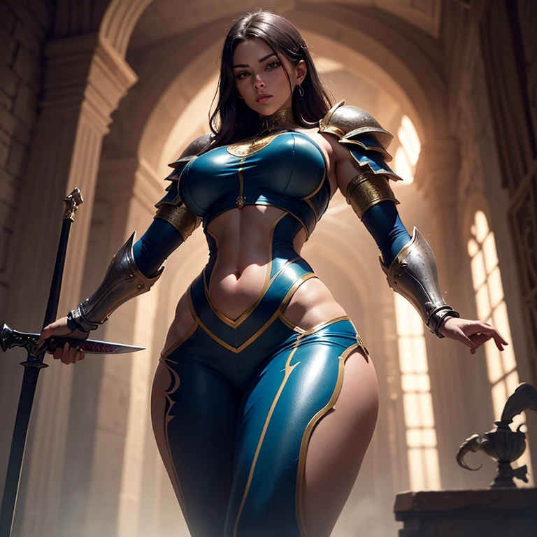 paladin lady in ornate golden armor, black collar, pauldrons, breastplate, corset, glowing halo, single braid, blonde, yellow glowing eyes, bright pupils, eye focus, red cape, temple indoors, stained glass windows, night, moonlight, particles, light beam, chromatic aberration, (full body, whole body. 1solo (girl). slave fighter, loincloth standing, hands on hips full body, whole body. 1solo (girl). slave fighter, loincloth standing, hands on hips, metal sandals, backpack, choker, big belt, view from below, feet together, bracers, tiara)