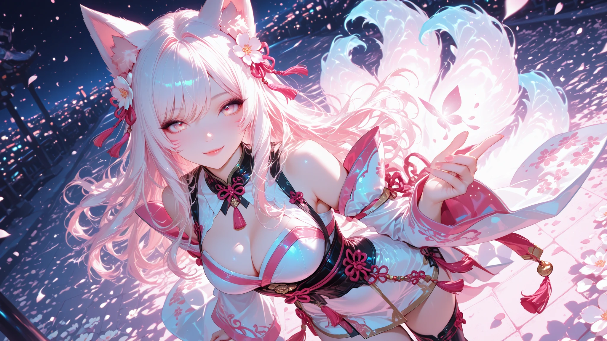 Silver hair, pink eyes, body, cat ears, sexy girl, earrings, flower background, orange uniform, hair bows, happy face, thigh up