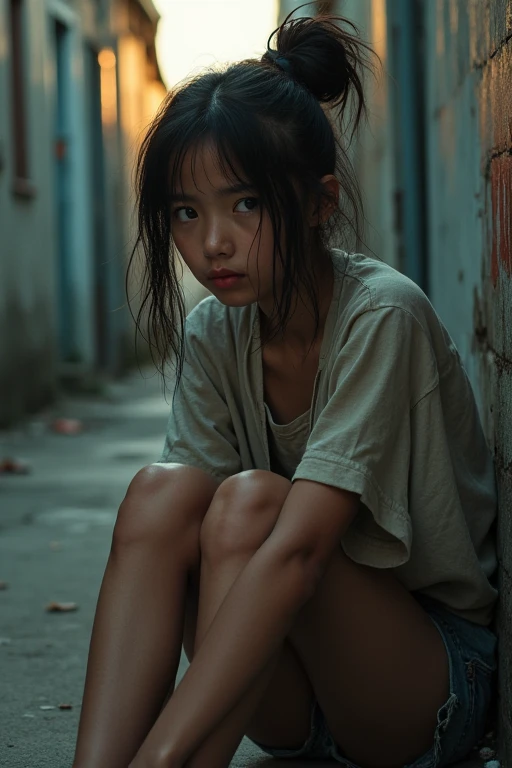  The images  capture an thai girl 14 yo with a dusty face and messy hair, wearing a very torn and dirty, not wearing short, showing her breasts, showing her , with a sad expression, highlighting a poignant moment of contemplation and longing, at night.