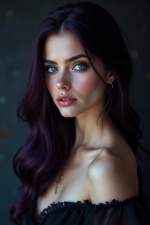 Foto realista, beautiful sensual young woman 20 years old, piel blanca , Black , delgada, long purple hair loose back, Eyes looking at the camera, maquillaje ligero, sonriendo, Clear lighting, colores vividos, textura realista, sensual