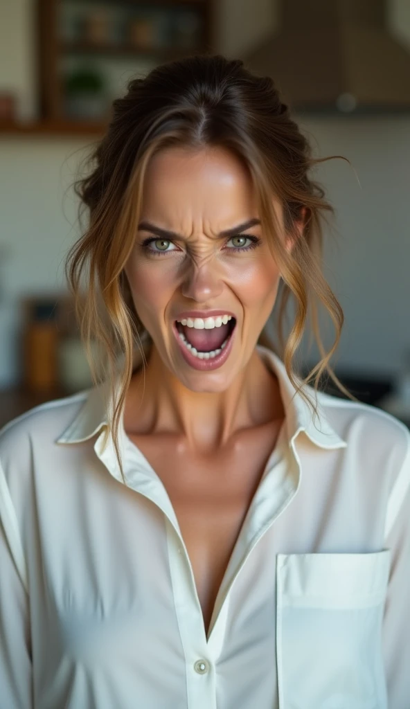 photo of a skinny blonde teen  wife messy long hair thrown into a messy bun ponytail. She wears: (turtleneck high ribbed pink tight sweater:1.1),   pose, high tight ribbed neck, mouth retractor gag,