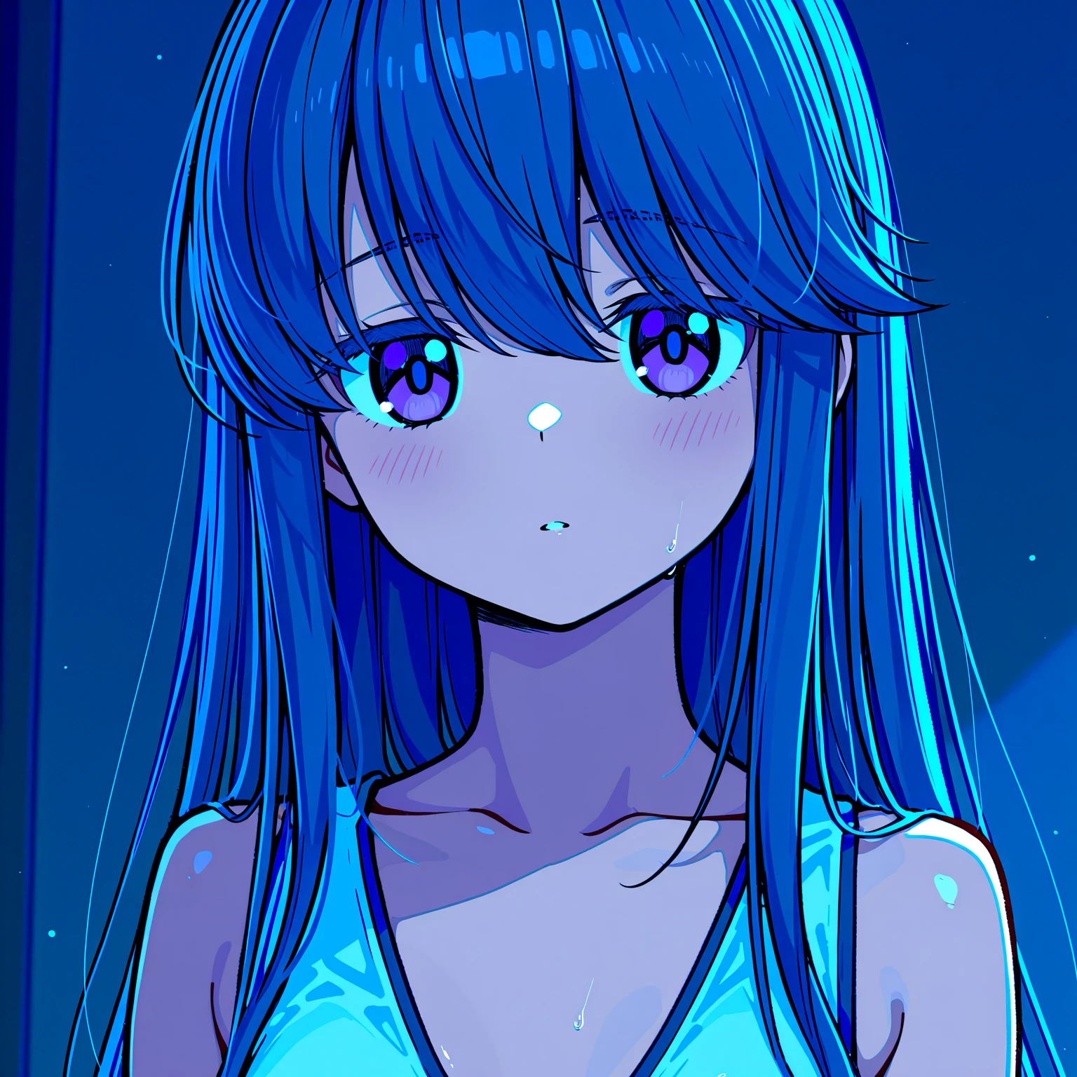 glowart: 1.0), (bright, sketch, drawing: 1.0), 1girl, bangs, blue eyes, blush, collarbone, hair between eyes, long hair, looking at the viewer, bra, open mouth, pink hair, portrait, shiny, shiny hair, side ponytail, solo, wet, wet hair