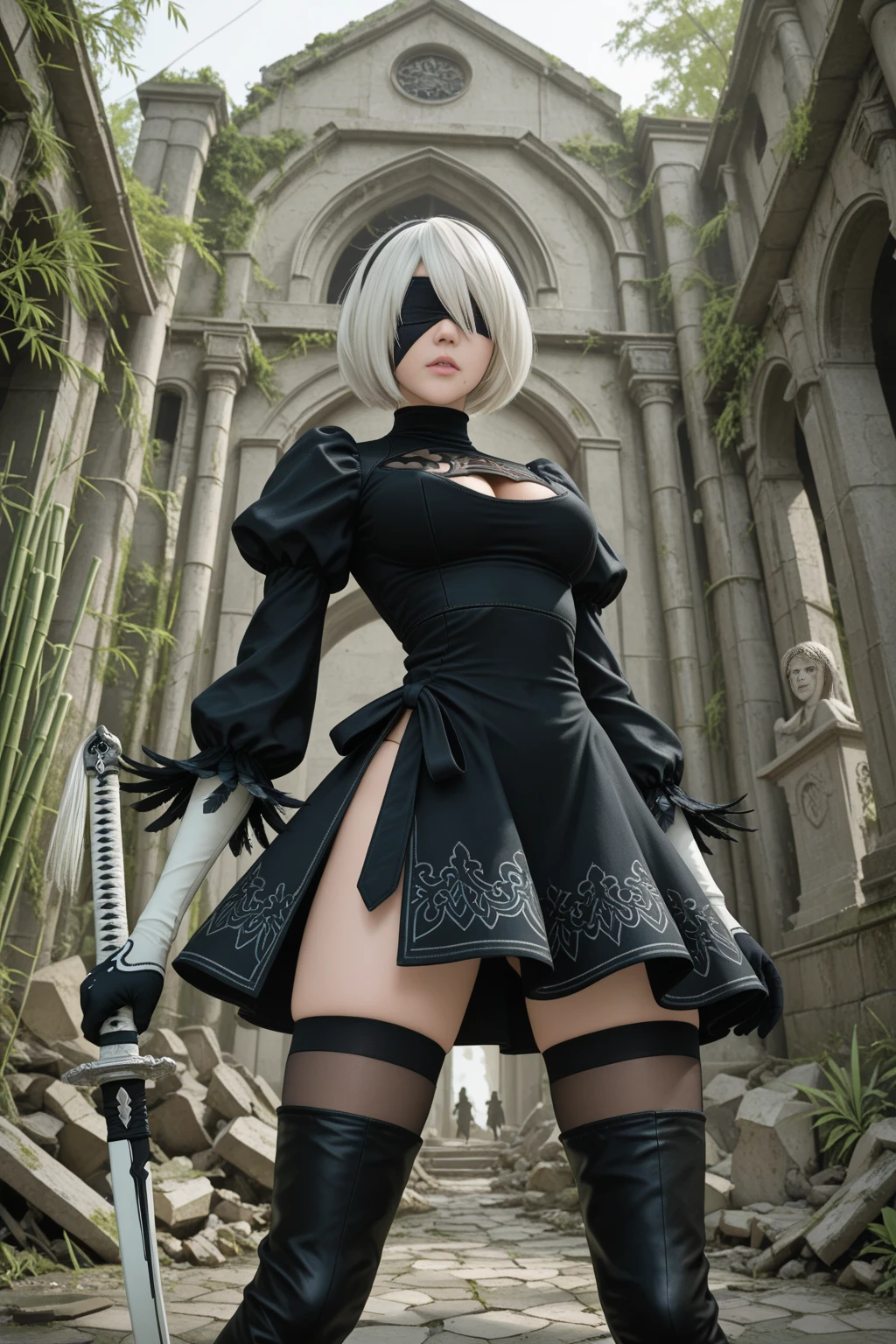 labios ligeramente abiertos, neir, 2b, 2B (Nier: Automata), ojos vendados, venda negra en los ojos
