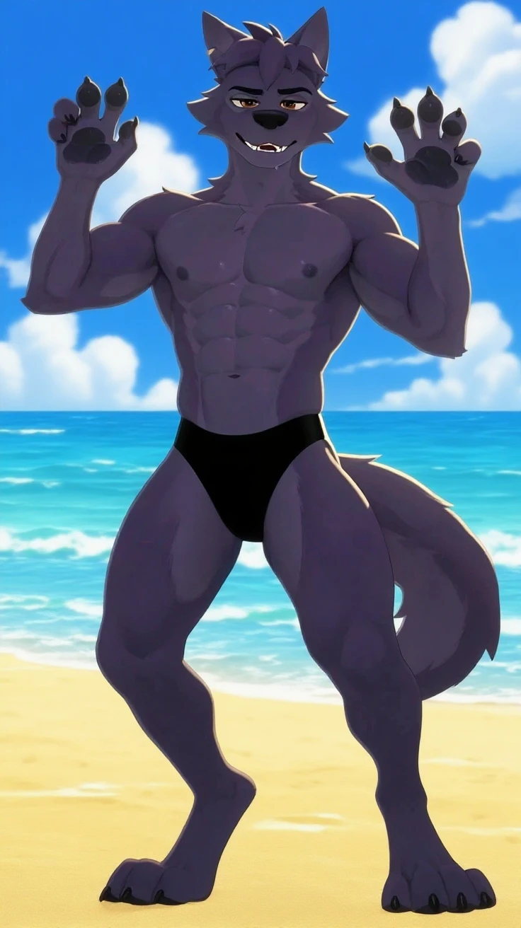 ((cel-shading, portrait, rear view, bright beach background, light color palette, global lighting)), 1boy, abs, bara,  shoulders, suspended in midair, (black hair, body hairy,  copious luxuriant bushy far-reaching black  hair, bushy black fur all over , hairier  than possible), clothing cutout, cuffs, dark skinned male, thick facial hair, handcuffs, jewelry, large pectorals, male focus, mature male, medium hair, slim, muscular, muscular male, navel, pectorals, short hair, sideburns, solo, stomach, stubble, thick thighs, , (((, sliding on tentacle like a banister, tentacle rubbing his perineum))), thighs, tight, watch, ((wolf, wolf tail, huge hairy groin, , pubic hair, happy-trail, treasure-trail, copious luxuriant bushy far-reaching black nether-hair, very hairy snatch, landing strip, covered in , pubic hairy perineum, bushy tush)), expression of , passionate gaze, wincing with pleasure