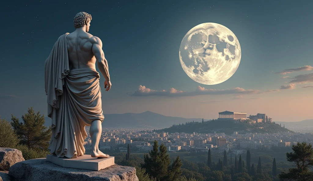 Super muscular Greek statue of Aristotle in front of a Greek temple on fire on a full moon night