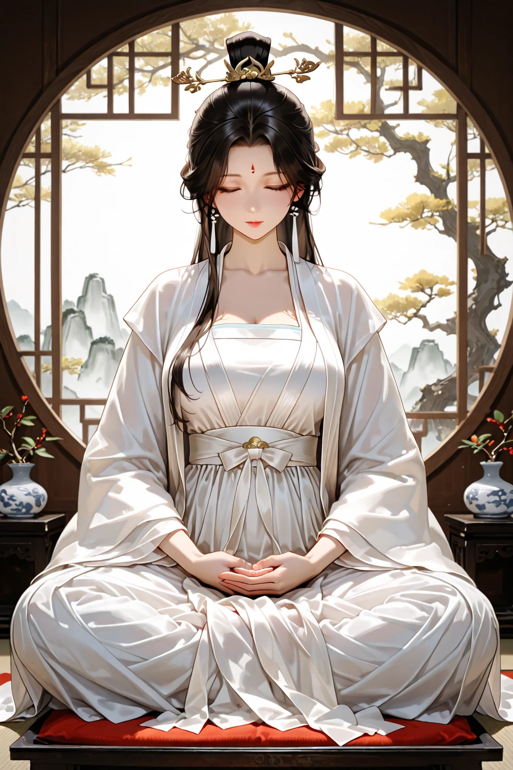 (RAW photo, best quality), (realistic, photo-realistic:1.3), extremely delicate and beautiful, Amazing, finely detail, masterpiece, ultra-detailed, highres,best illustration, best shadow,intricate,depth of field,
A Chinese Taoist woman wearing  Taoist robe,cross-legged,off shoulders,bar shoulders,(long legs:1.4),hair bun,(((soft lighting:1.4))),(pale skin:1.4),(extremely intricate:1.2)>, (exquisitely detailed skin), cinematic light, perfect , (Taoist temple:1.4),
sharp focus, volumetric fog, 8k UHD, DSLR, high quality,( film grain:1.4), Fujifilm XT3,