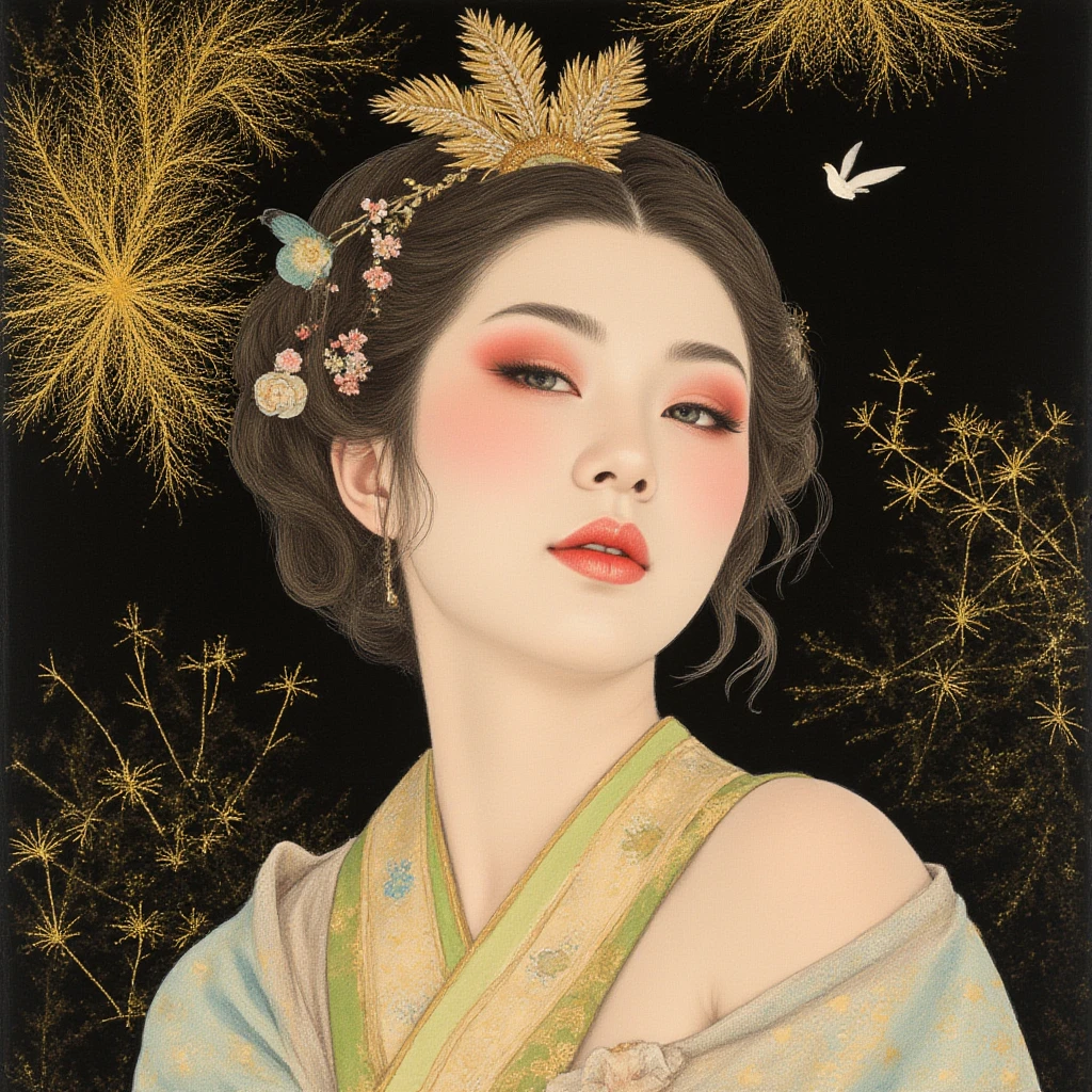 split color hair,ichiro, 
1girl, solo, blue eyes, black hair, hair ornament, holding, cleavage, medium breasts, flower, japanese clothes, kimono, off shoulder, nail polish, makeup, lipstick, yellow background, red nails, eyeshadow, holding flower, hair stick, kanzashi, comb,