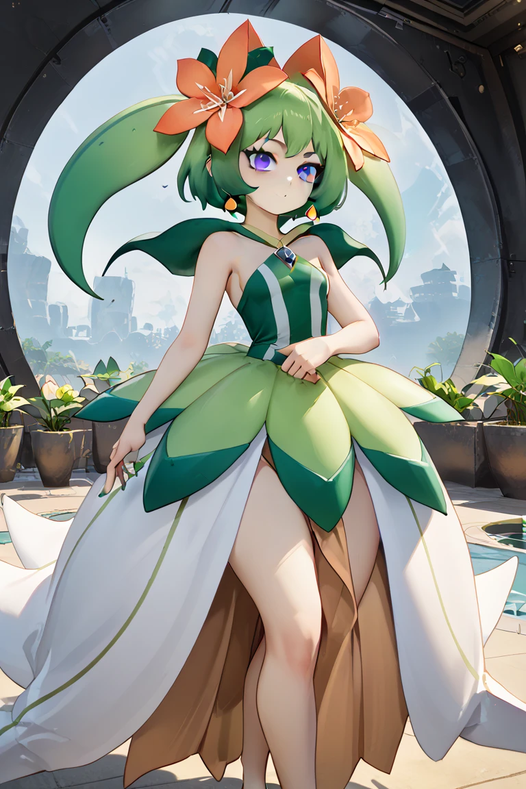 human jukaine pokemon; big breasts;full body;Costume inspired by Sceptile Pokémon;female;yellow eyes;green hair;No background;background white;knife