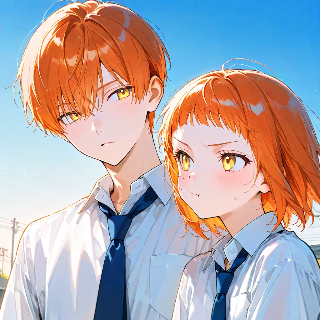 anime girl with white skirt and short orange hair and white button-down shirt with an accessory on the neck.