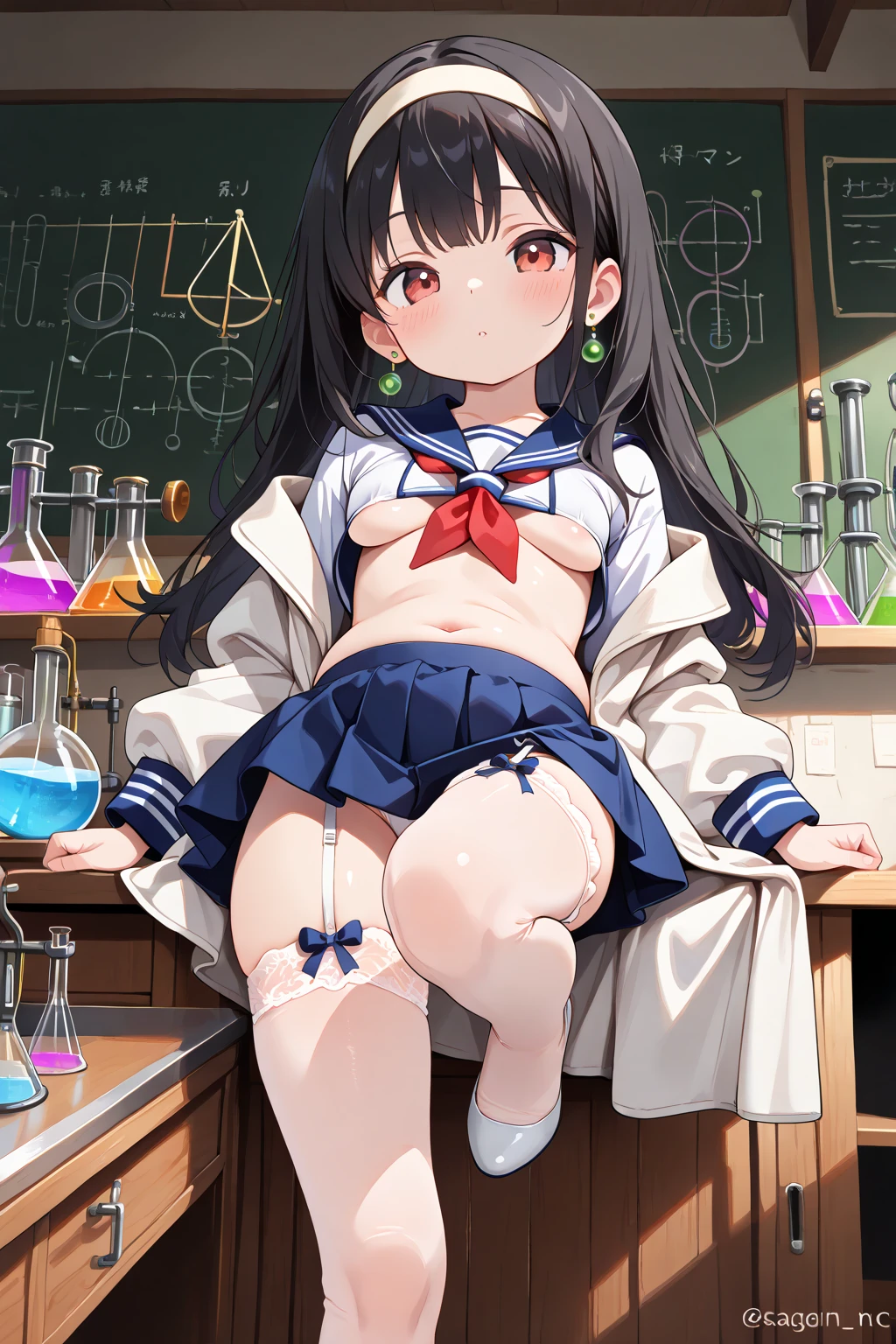 asterpiece, Sharp Focus, Petite schoolgirl, short tactile hair, black hair, Glasses, big hip, big ????, thick thighs, white coat, sailor suit, ????.