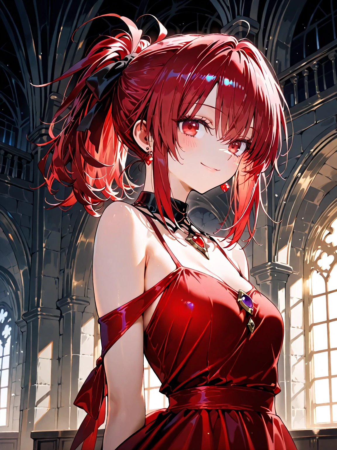 red color eyes，Red long-haired，magia，Castle fantasy，black lence stockings, Ultra photo realsisim, Castle，hair adornments
