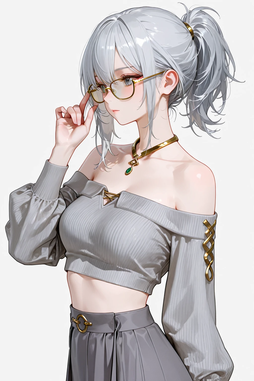 masterpiece, best quality, solo, (upper body:1.1), medium breasts, 1girl, solo, (ruffling hair, messy hair:1.1), medium hair, white hair, best quality, ultra detailed, 1girl, solo, medium hair, blunt bangs, does not look at the viewer, round sunglasses, beautiful skin, dramatic lighting, high quality, perfectionism, bright skin, whole body, both eyes covered, ((perfect hand: 1.2)),  earrings, cute lips, cute face, sexy, posing, cute nose, standing, forest background at night