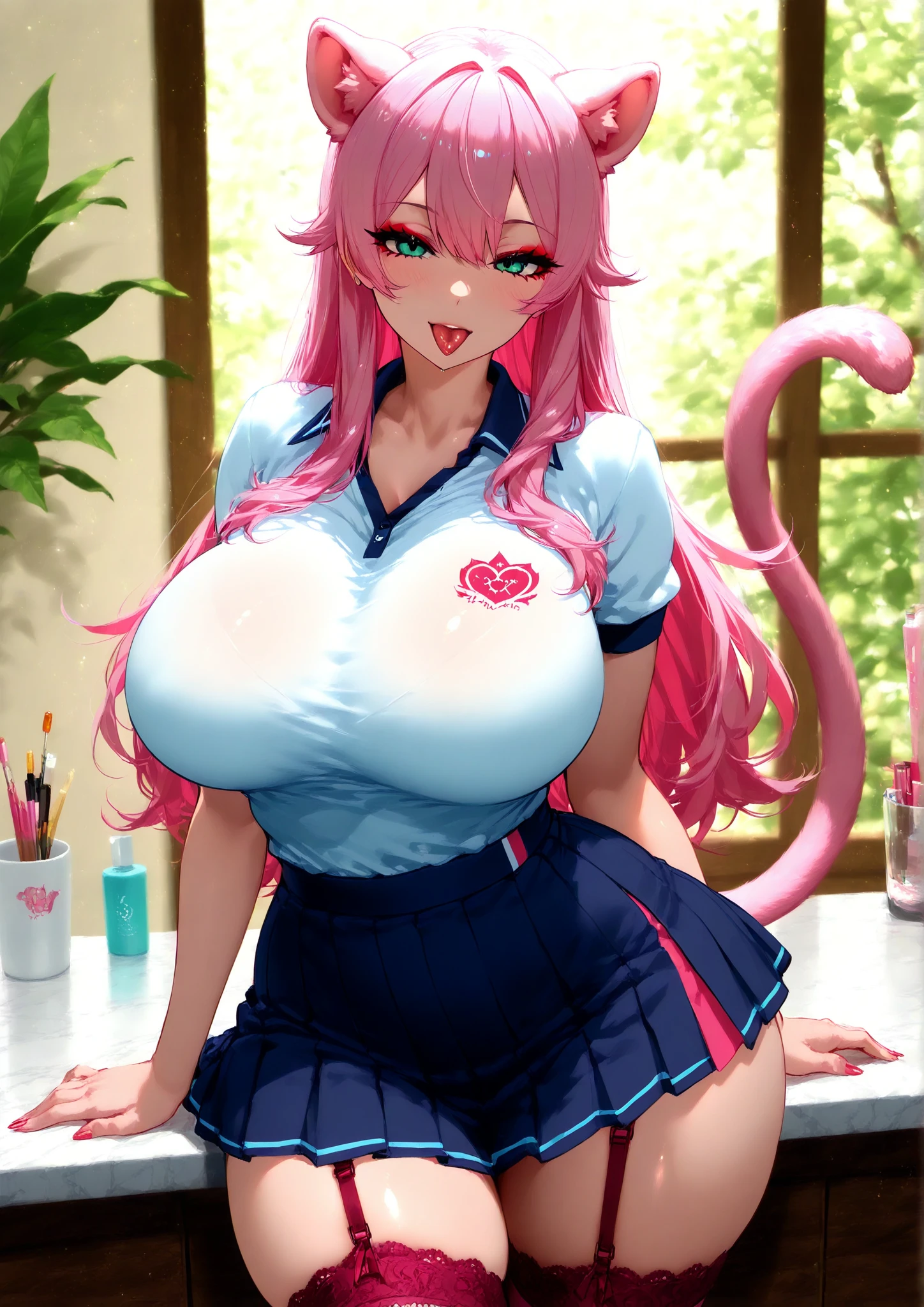 Magenta hair, brown eyes, older woman, long thick hair, pretty hair ornaments, smile face, happy, cat ears, ???? uniform outfit, color background, butterflies, teal and yellow, no hair in face, no bangs in hairstyle 