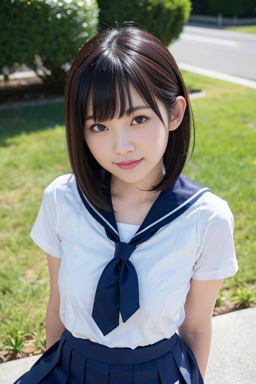 17-year-old girl、whole body、Hands behind head、(Schoolgirl uniform、Sailor suit、Navy Pleated Skirt、sit on futon)、Spread your legs、(White  are visible、)、Small breasts、(smile、Perfect white teeth)、bangs、Long Hair、Hair Ribbon、(High ponytail、Smooth Hair)、Slim body、RAW Photos, (Highest quality、masterpiece、Realistic photo:1.2)、(Realistic:1.4)、Dramatic lighting、Bright lighting、Rim Light、Pastel Color Palette、Super detailed、Realistic skin texture、Beautiful eyes in every detail、Brown eyes、(Detailed Background、The background is blurry:1.2)、