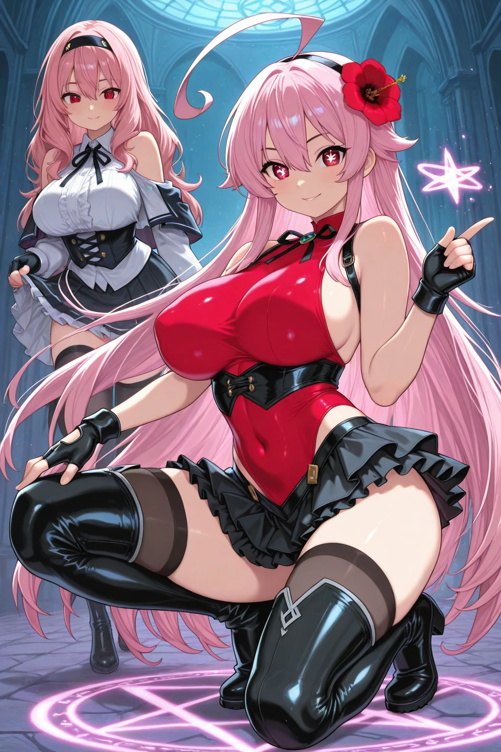 image of a beautiful woman [ whole body ] posing, ((slim, White skin, gü hair with pink platinum, colored eyes, medium breasts 38,c standing round buttocks giving a babydoll, with red and white garters and a  red  that shows her tattoos on her right arm. HD,4K ultra detailed