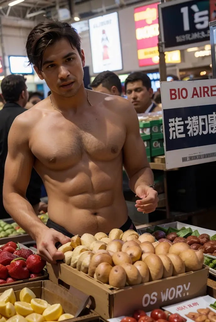 A sexy    man with black hair, ,handsome face, detailed features, masterpiece posing, , homoerotic,   , beautiful background, masterpiece , ,bookeh, beautiful evening , in a market ,angry expression, upset 