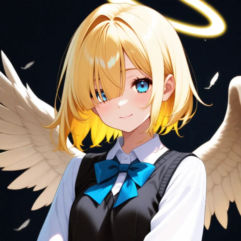 1girl,20s,happy,white shirt,black standard tie,short sleeves,black school skirt,short hair,light blonde hair,pointy ears,harpy wings, winged arms,(white background,line drawing),, illuminated, colorful,radiant, graceful, sacred, artistic, 