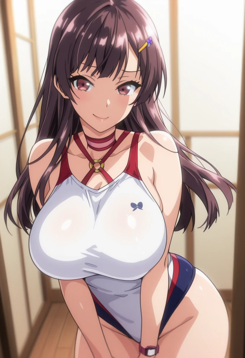 (), anime screencap, masterpiece, best quality, high resolution, 2D, anime cels, best quality, high resolution, sky, 1girl, kasumi iwato, , , (huge breasts:1.4), cleavage, large , blush, embarrassed, , vulgarity, looking away, cowboy shot, from below