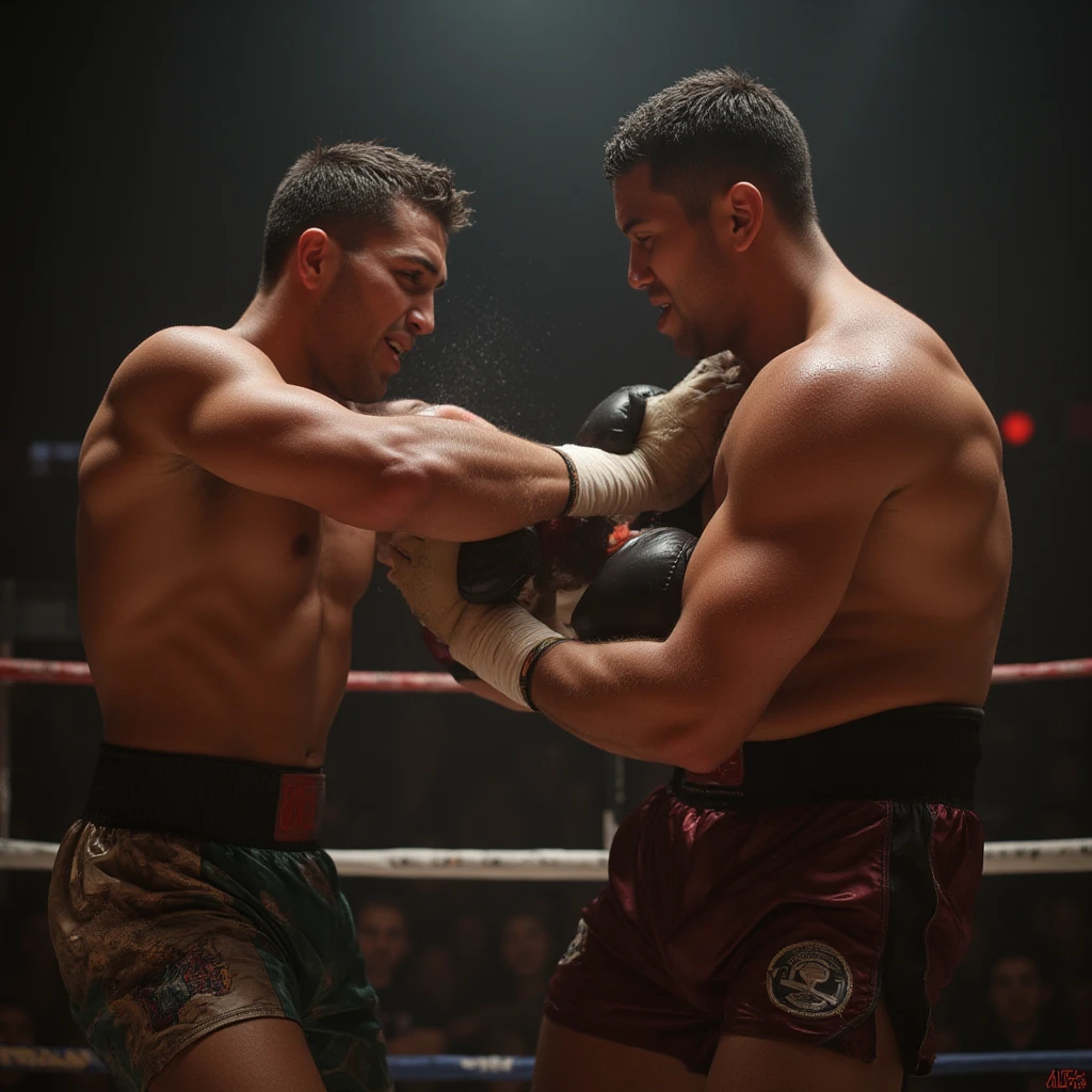 hairy Italian daddy muscle boxing with a strong chest and colossal arms and biceps, he wear a oversize white boxing gloves fighting with his adult  in a close fight, he is teaching to boxing in a small boxing gym with large mirrors where they reflect. They both look tired and sweaty. both are muscular, hairy and stronger. they are huge and be hug, sweat over his bodies