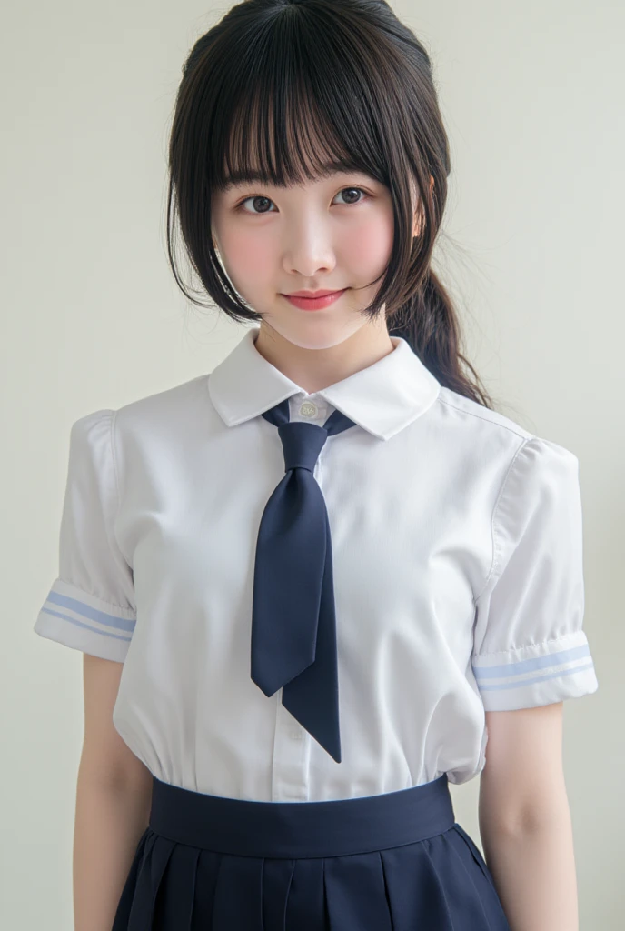 a beauty girl、Very very cute face、(((Very small breasts)))、slender body and limbs、(Keep previous face、Maintain the previous body shape、Keep your previous outfit)、小柄、flat breast、student clothes、white  shirt、Dark blue ribbon ties、Dark blue skirt、Brown hair、Medium Shorthair、a smile