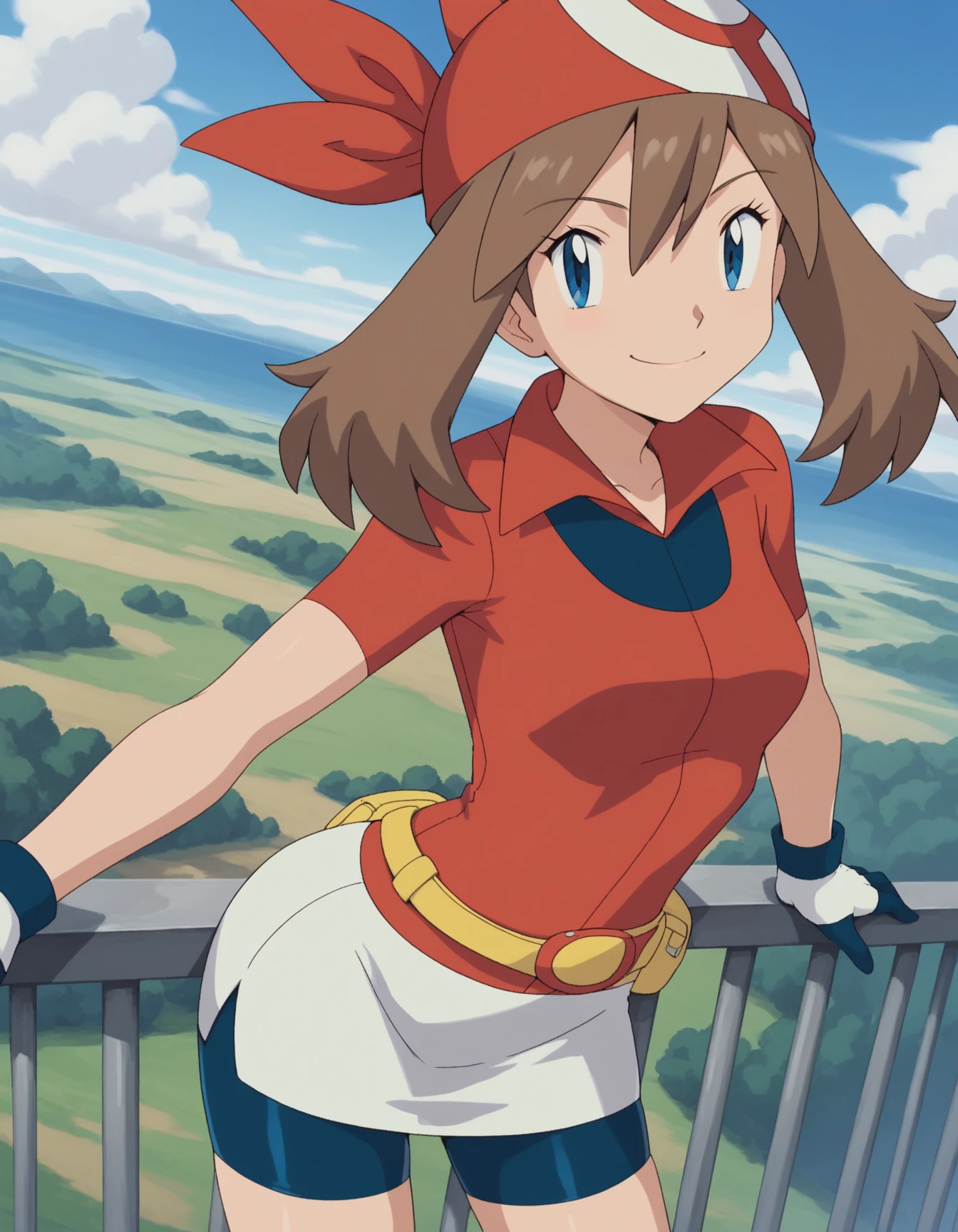 red-haired superwoman posing in front of a city skyline, perfect body, highly detailed giantess shot, sfw large breasts, giantess art, smug smile, midriff