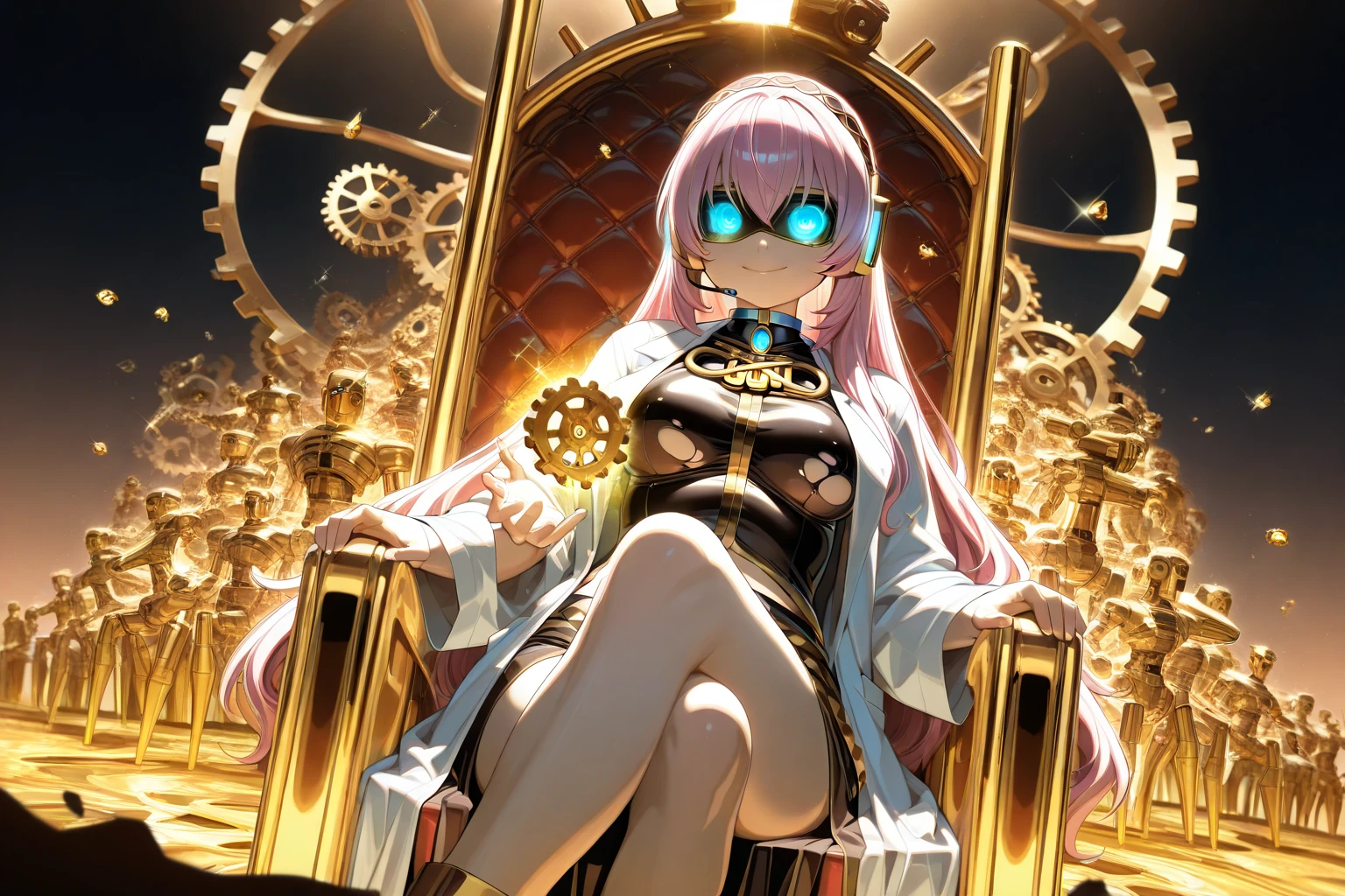 1 confident woman with floor-length pink hair, huge and ???????????, Futuristic royal costume in white with black and gold details, tall woman, blue detailed eyes, sitting on the throne of skulls , judgmental look, golden metal skulls, sovereign pose, cyberpunk queen
