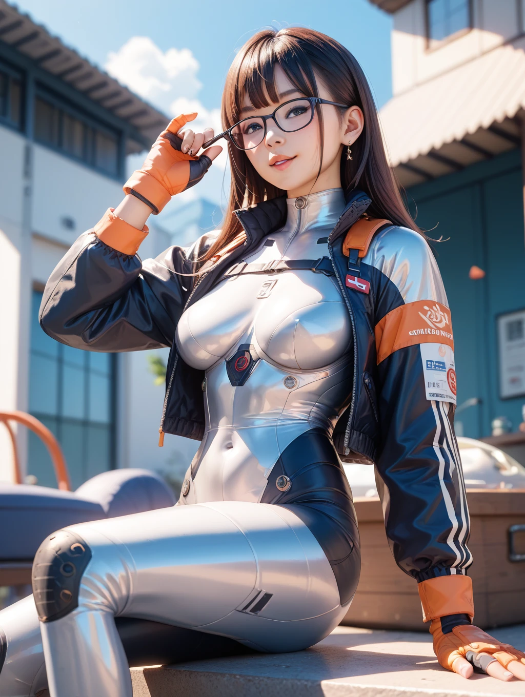 gwen tennyson,1girl,tracer,elsa,rebecca chambers,overwatch,gundam,close up, mecha pilot,race queen,white and red plugsuit,hair pin,pirate corset,white long sleeve lycra top,race flag leggings,short hair,cute makeup,green eyes,orange hair with highlights,shy smile,freckles, redhead,beautiful girl,large breasts,ultra detailed,realistic,fantasy art,gaming headset,pilot jacket,racing car,racetrack,