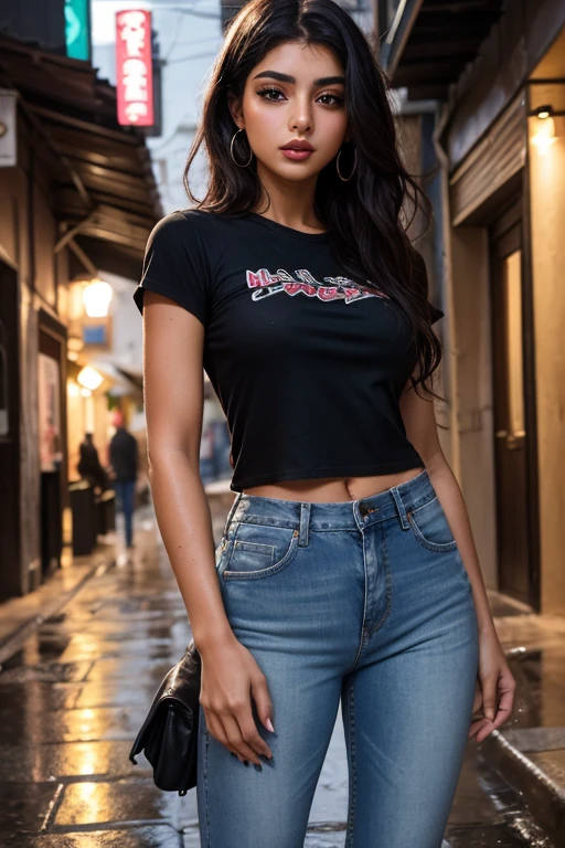 Araffes em um top preto e jeans posando para uma foto, cintura alta, usando um top cropped sexy, topo de corte, usando topo de corte, cintura magra e quadris grossos, thicc, usando roupas simples e apertadas, usando um topo de corte, Topo de colheita, usando uma regata preta cropped, camisa apertada, Garota negra sexy, usando uma regata cropped preta, cintura pequena