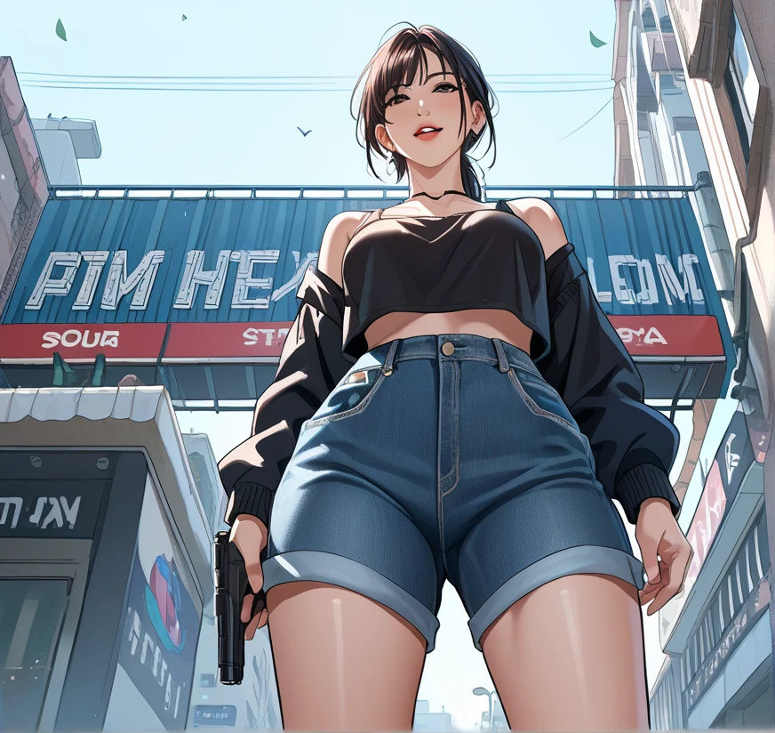 street dancer,  short hair, brown hair, yellow glowing eyes, perfect lips,big smile , confident smile,cute expression, cute face,victory pose, dinamic pose, fingerless gloves, gun, tank top, jacket, cute pose, ultra detailed face, long eyelashes, sharp eyes , Fullbody shot, dinamic viewer, night sky , dinamic point of view, 