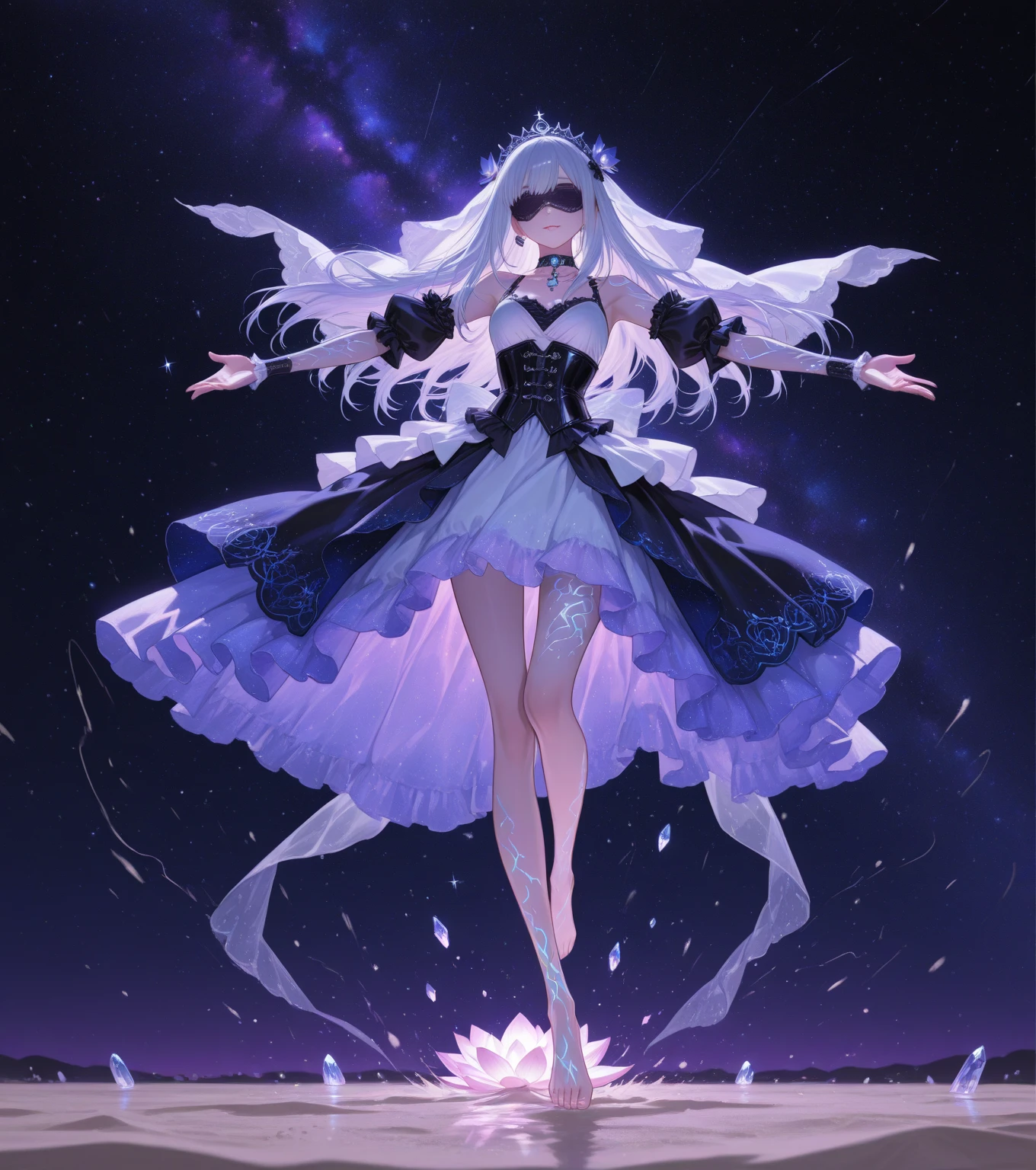 Anime girl with blue eyes and white hair, Symmetrical up and down，Daughter，Full body female love，Hands together，flowers bloom，（Very detailed:1.1），masterpiece，Super fine，best quality，8K