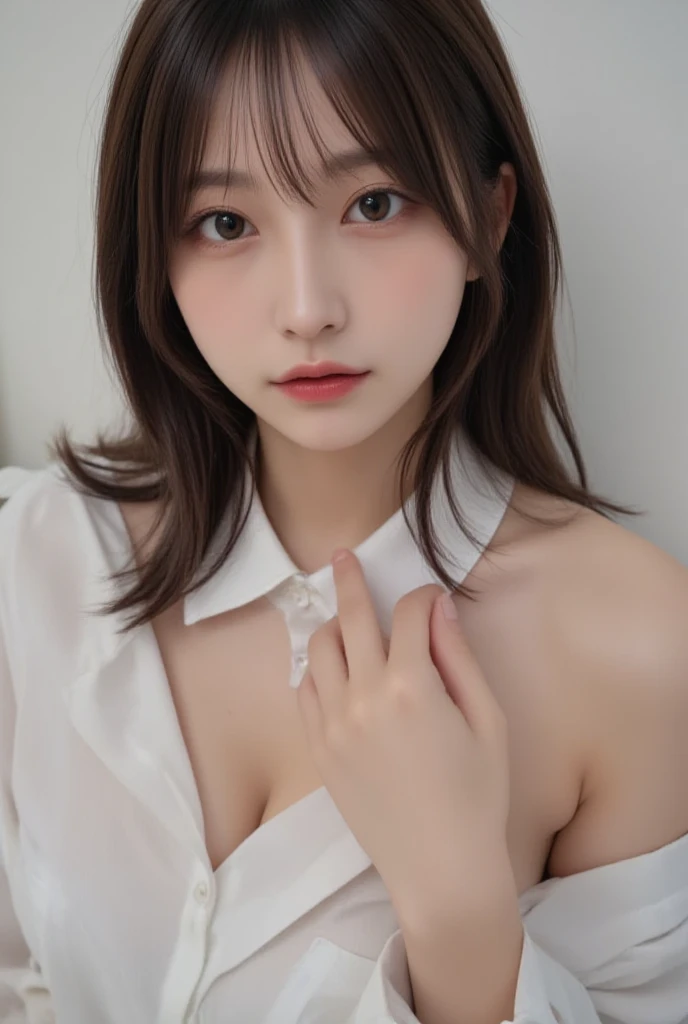 absurdres, (masterpiece, best quality), (ultra-detailed), extremely detailed,super high resolution, (Top Quality photorealistic Illustration), (Super Definition), (best quality,masterpiece:1.0),(cute illustration:1.3), (high Saturation:1.2), highres, ultra-detailed, 32k,8k resolution, intricate details, cinematic scene, detailed background, Soar (High chroma),(Sparkling),bathroom, BREAK (1 girl) (round face:1.6), (kawaii:1.6), (cute:1.6), Beautiful and delicate eyes, Delicate and beautiful face,  accents, Perfect figure,(:1.6), (show off :1.6), (exposing  breasts:1.3), ( chest:1.3), (:1.3),(flat chest:1.8), (small :1.2), (small :1.2),Uniforms、bright expression、poneyTail、Young shiny shiny white shiny skin、Best Looks、Natural black hair with dazzling highlights、shiny light hair,、short bob cut, silky straight hair、Beautiful bangs that shine、Double eyelids、eye liner、Glowing crystal clear attractive big brown eyes、Very beautiful nice cute 14 year old Nordic girl、