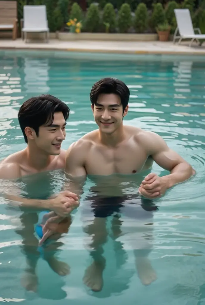 An Asian man in his 20s is taking a bath in the bathtub. Inside the bathtub, white soap bubbles are filled on the surface of the water.