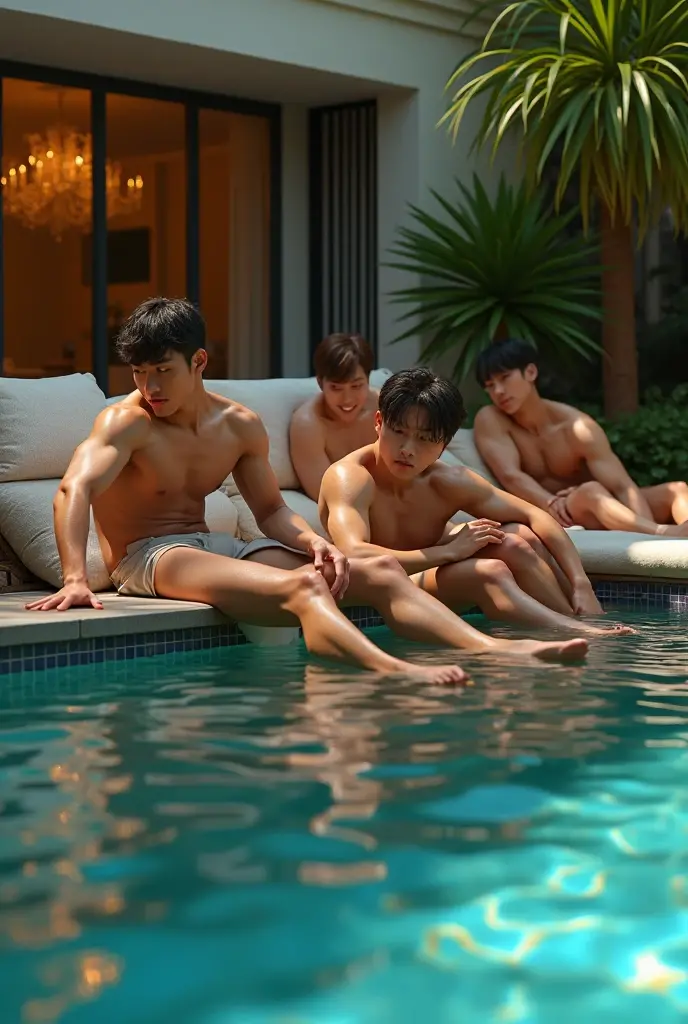 A 26-year-old handsome and cute korean man stands at 5'10" with a slim yet muscular and athletic build, his pink stylish curly taper cut hair, his pink iris gleaming in the warm light. A 27-year-old handsome, masculine man stands at 5'10" with a slim yet muscular and athletic build, his stylish grey mullet hair, his grey iris gleaming in the warm light. They are shirtless, wearing fitted short sheer white microbriefs shows a subtle pattern with well defined outline and stylish design. They are taking a dip in the sparkling crystal clear waters in a pool. The gentle sunbeam illuminate their body, creating a sense of relaxation and tranquility.