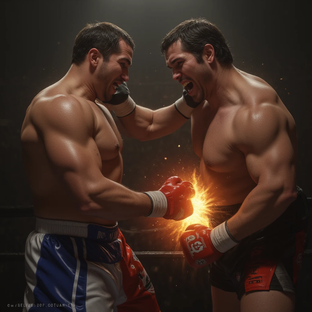 sexy mature daddy,stephen amell  ,dark blond hair, stubble,beard and sexy moustache ,muscular , best quality, masterpiece, ultra high resolution, Detailed background illustration, single,  muscles, Volumetric lighting, depth of field, beard, flow,wearing a boxing short ,  showing hard  , huge bulge, boxing gloves ,, martial artist, flow sweat, short dark blond hair, perfect eyes, barefoot,  Boxing pose in the ring 