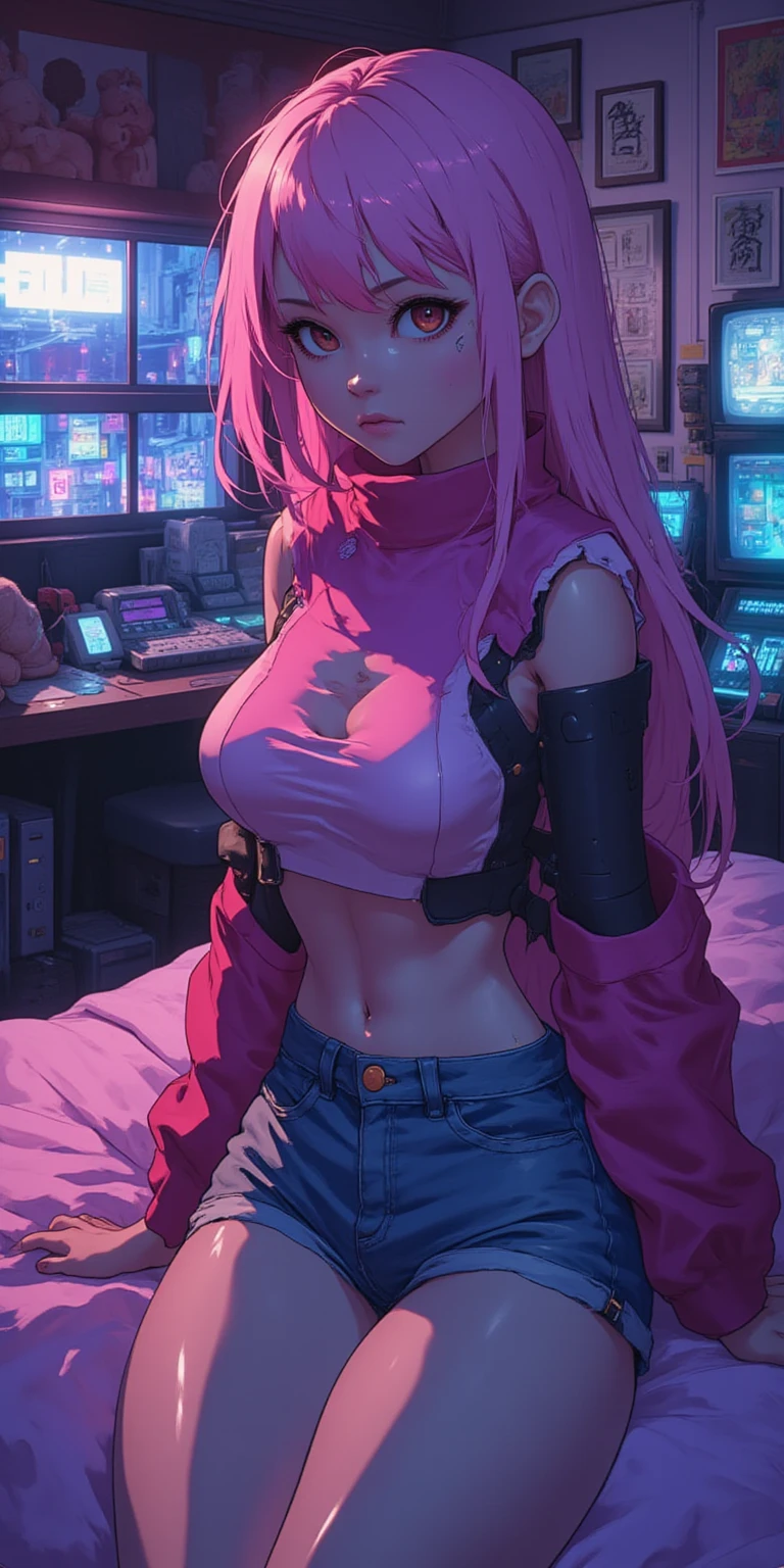 Beautiful woman medium hair, Wearing a hat, Cyberpunk Shorts,masterpiece, Highest quality, High resolution, (An illustration),{Detailed and beautiful eyes}, finely,  Detailed and beautiful eyes,Pink Eyes,(((Long pink hair))),(Small breasts),Kunimi Tama,