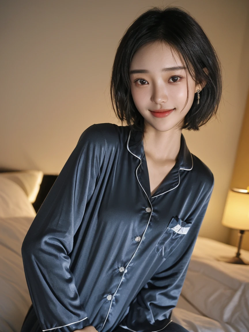 best quality, masterpiece, ultra high res, 8K, raw, (photo realistic:1.4), physically-based rendering, depth of field, looking at viewers, slender, (sitting:1.1), in the bed room, detailed beautiful face, 1 girl, cute, young, nose blush, big black eyes, open mouth, tiny breasts, black hair, detailed clothes, (pajamas:1.3), no shoes ,pureerosface_v1,