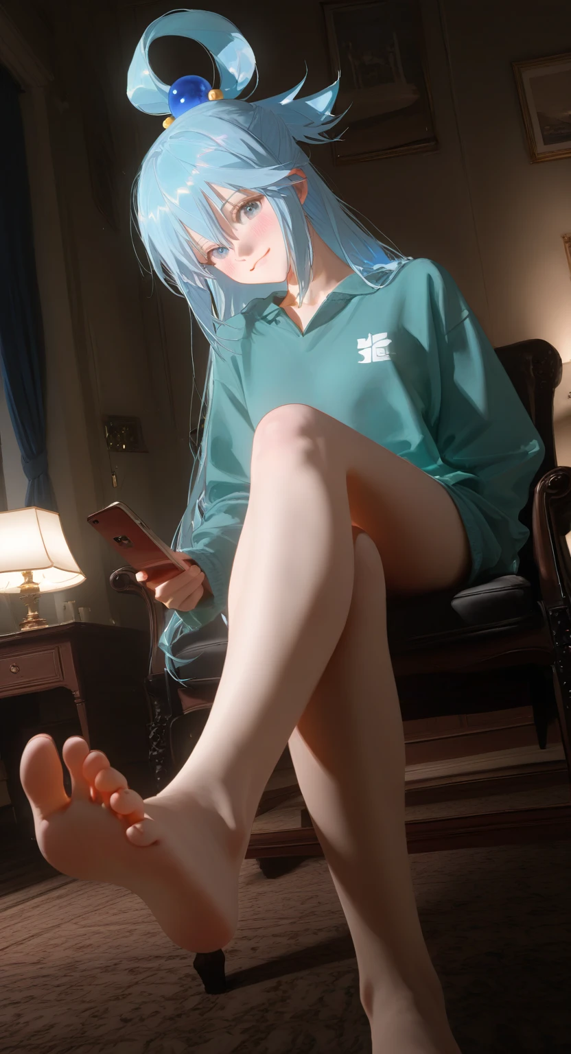 home background,hatsune miku sit on sofa, short skirt,short t-shirt,crossed legs,angle view