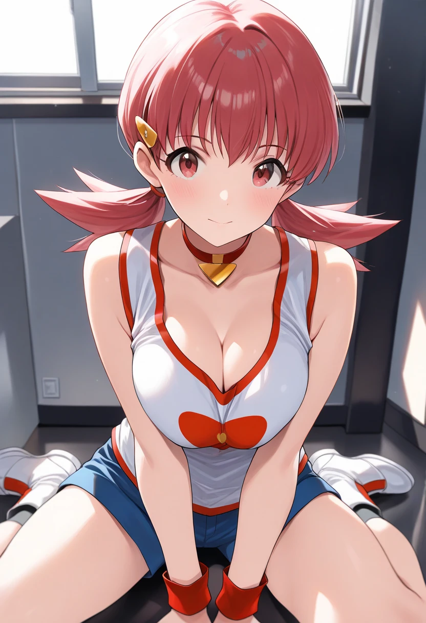 ((masutepiece, Best Quality, hight resolution, nffsw, Perfect Pixel, depth of fields, 4K, )), 1girl in, Solo, , Beautiful anime girl, Beautiful Art Style, close up, Looking at Viewer, Perfect body, Yuigahama Yui, Short hair, single hair bun, pink hair, (large boob), Full face blush, Smile, thighs thighs thighs thighs, tiara, race queen, wink, winking, one eye open, tube top, cleavage, hands on hips, white background, cowboy shot, Focus,