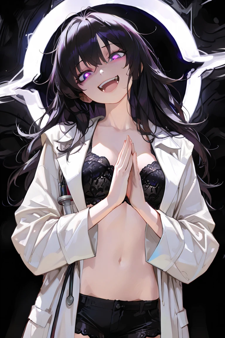 (masterpiece:1.2, best quality), (1lady, solo, upper body:1.2), black hair,purple dip-dye hair , forehead , purple eyes, Swallowtail butterfly head, An anime-style illustration of Shinobu Kocho from “Demon Slayer”. She is wearing a lab coat and a skirt, a laboratory in the background, . using a laptop , looking at the camera, white dress shirt, button-up shirt , shirt with all buttoned all buttons fastened, (:1.3) ,(slut:1.2),(vulgarity:1.3),(:1.1),(steam:1.1),(wet:0.8),(trembling:0.8),(tears:0.7) ,(drooling:0.6),(sweat:0.8),  , large ,(button gap:1.1).
