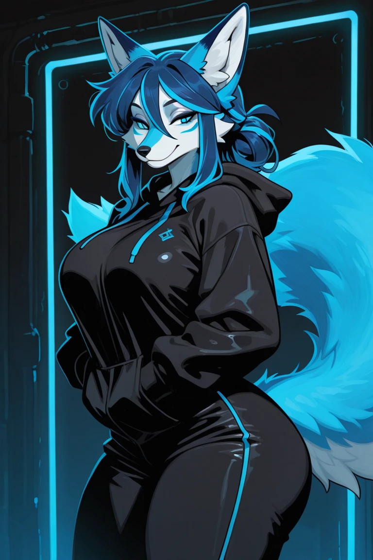 Miku hatsune, shewolf shy girl alta definicion, aqua body, blue hair,orejas de kitsune, tribal tatoo, cute girl, 18 years old girl, baby metal girl, black licra short, black metal T-Shirt, mirada coqueta, sobre una cama, pose medio lateral cuerpo completo, mirada coqueta, se mira cuerpo completo, patas hermosas detalladas visibles, patas de zorra, Sharp nails, caderas anchas, lanzando patada al espectador, collar de perro punk, brazaletes punk, ligero en la pierna  falda punk ajustada, sosten de esqueleto, loveñy girl, winking, sitting crossing legs