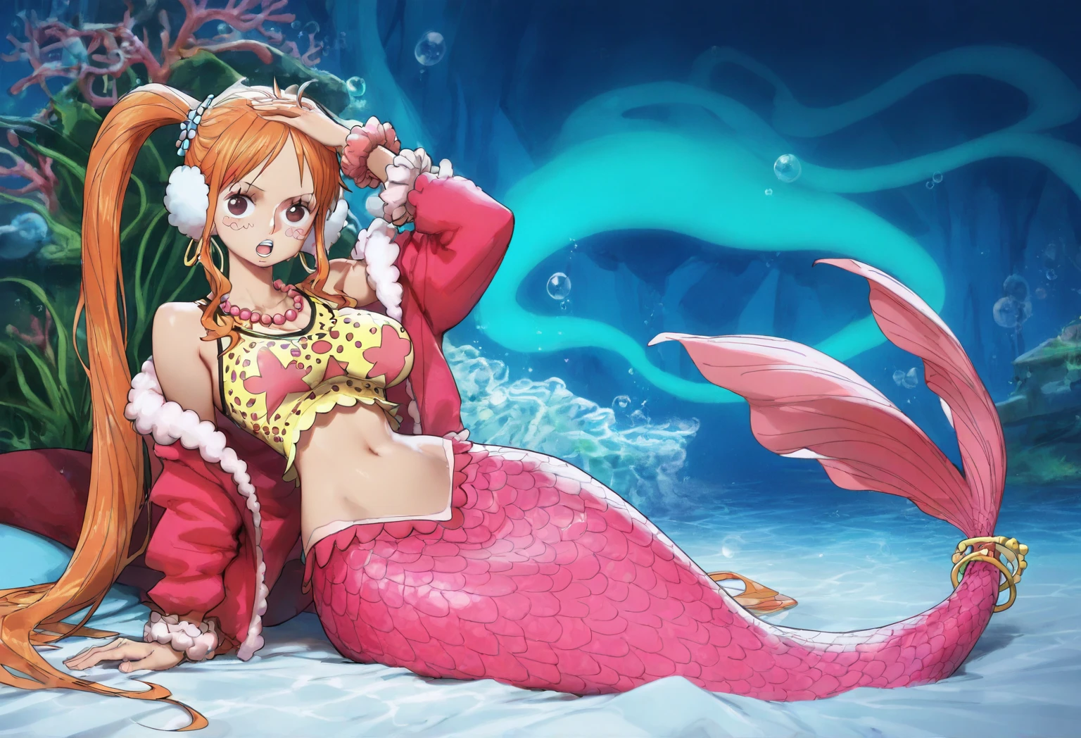 a cartoon picture of a woman in a bikini top and jeans, nami one piece, nami from one piece, nami, beautiful portrait of nami, from one piece, oppai, blue eyes, smoking, ponytail