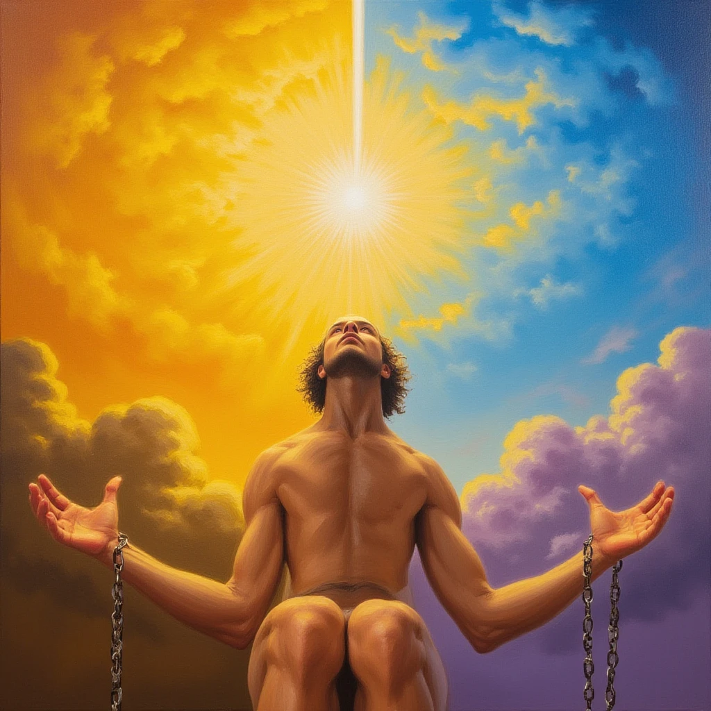 Kronos holding the earth Gaia on his back and stepping on the clouds of Olympus